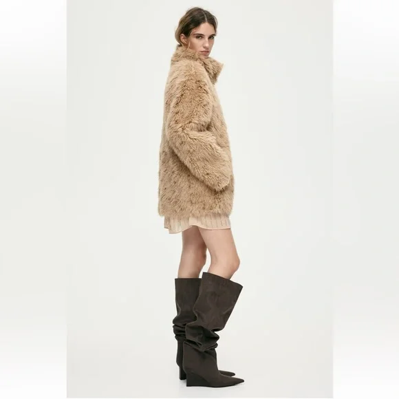Stand-Up Collar Faux Fur Coat, H&M, Dark Beige, M - Picture 4 of 12